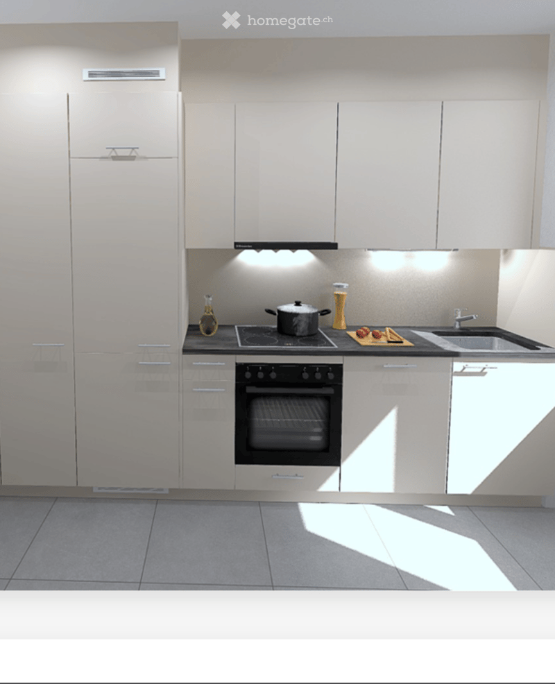 Modern kitchen with light-colored cabinets, stainless steel appliances, and a sleek design. Features an oven, sink, and countertop with a few decorative items.