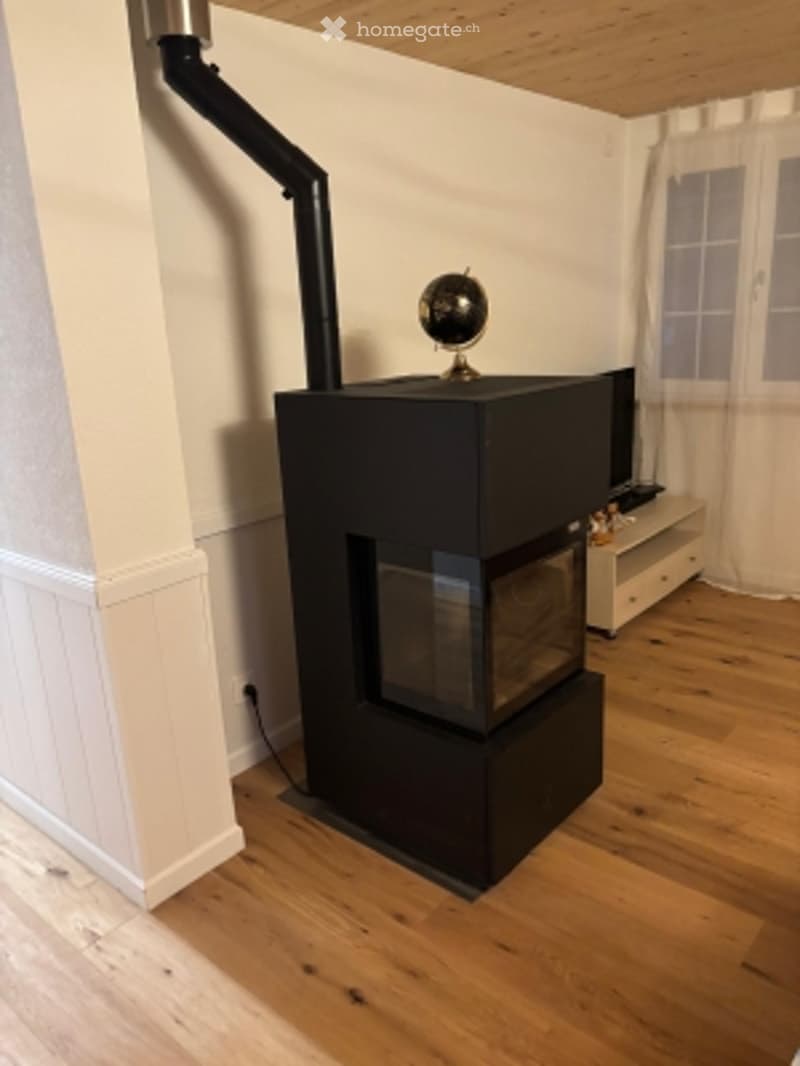 Modern living room with a sleek black fireplace, a decorative globe on top, and a small white cabinet with drawers.