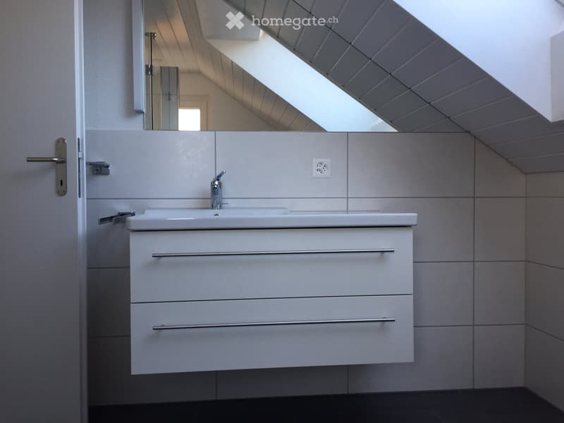 Bathroom with raised ground floor, modern vanity with drawers, mirror, and outlet, and a slanted ceiling with skylight.