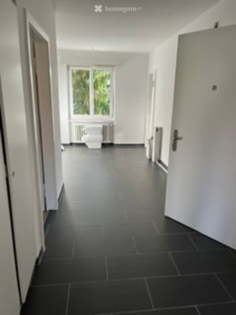 Empty room with white walls, dark tiled floor, large window with white frame, radiator, and closed white door.