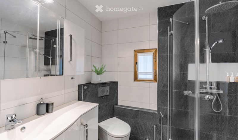 Modern bathroom with white tiles, a large mirror, a glass-enclosed shower, a toilet, a sink with a faucet, and a small plant on the windowsill.