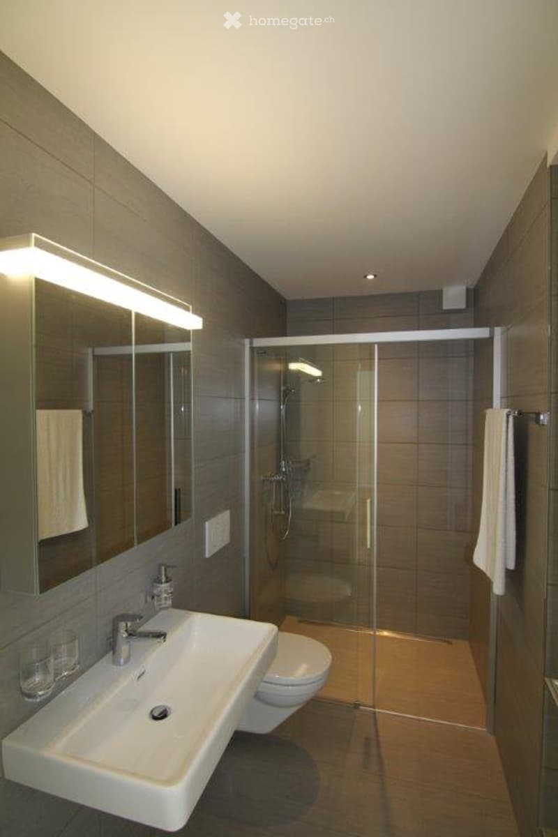 Modern bathroom with a white sink, chrome faucet, large mirror with built-in lighting, a glass-enclosed shower, and a toilet. The walls are tiled in dark gray, and the floor is tiled in light brown.