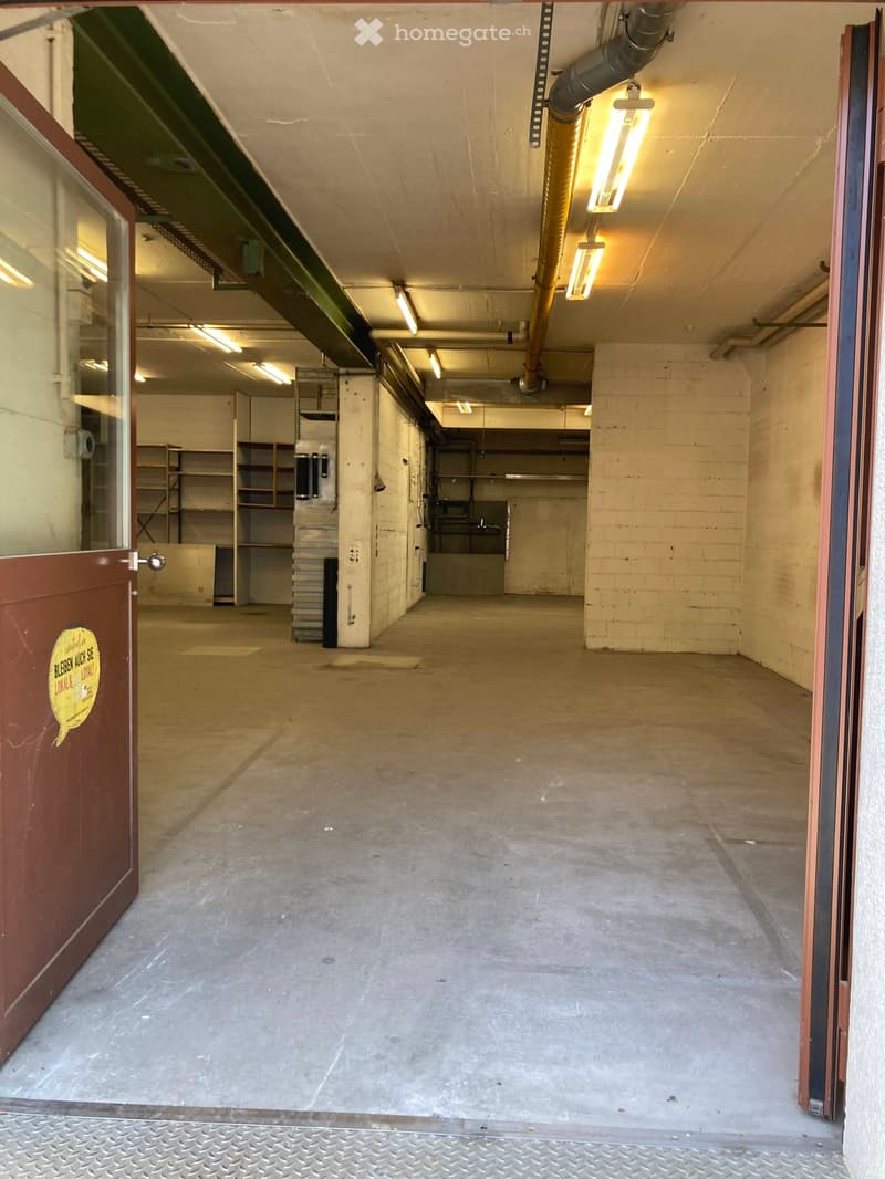Empty underground garage with concrete floor, exposed brick walls, fluorescent lighting, and a few storage shelves in the background.