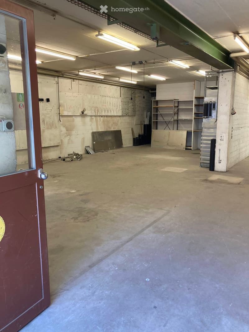 Empty room with concrete floor, exposed brick walls, metal shelving, and a partially open door.