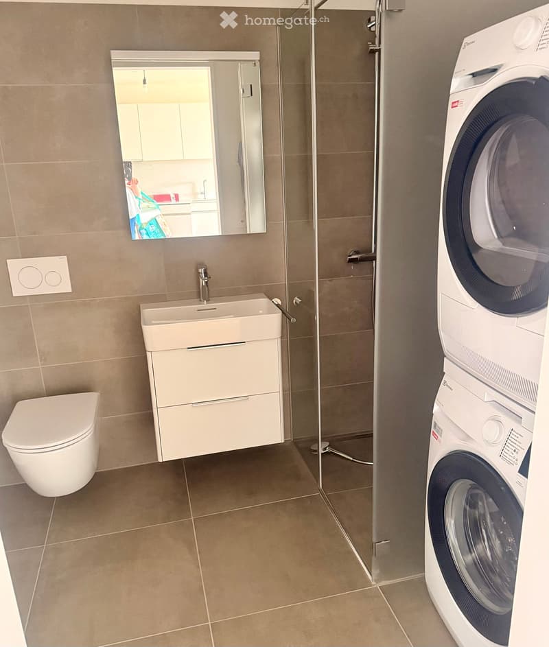 Modern bathroom with a toilet, sink, mirror, and washing machine. Features tiled walls and floor, a glass shower enclosure, and a sleek white vanity unit.