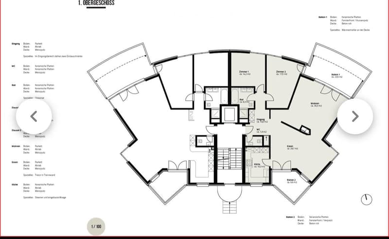 Floor plan of a two-story residential building with labeled rooms including entrance, living room, bedrooms, bathrooms, kitchen, and balconies.