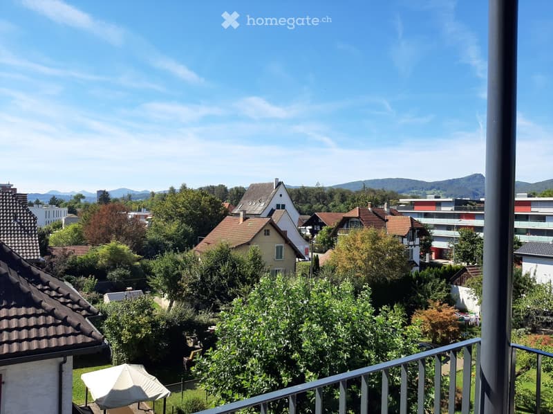 Aerial view of residential area with various houses and buildings, surrounded by trees and greenery. Mountains visible in the distance.
