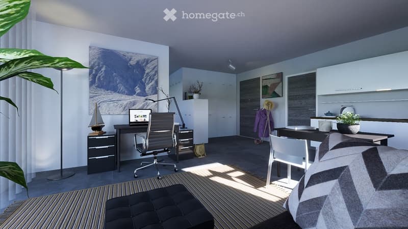 modern decor, black desk and office chair, computer on desk, floor lamp, striped rug, potted plants, closets, kitchen with dining table and chairs, panoramic window