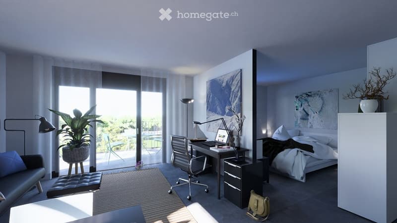 minimalistic design, bright interior, glass door to balcony, desk and office chair, modern bed with white bedding, two lamps, rug, sofa, coffee table with decorative items