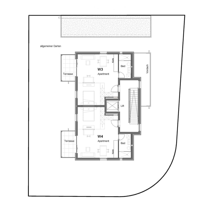 Floor plan of two apartments, each with a terrace, kitchen, bedroom, and bathroom. Elevator, stairwell.