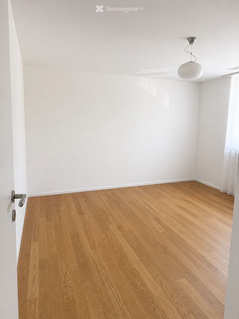 Empty room with light wooden flooring and white walls, featuring a single pendant light fixture and a door handle visible on the left side.