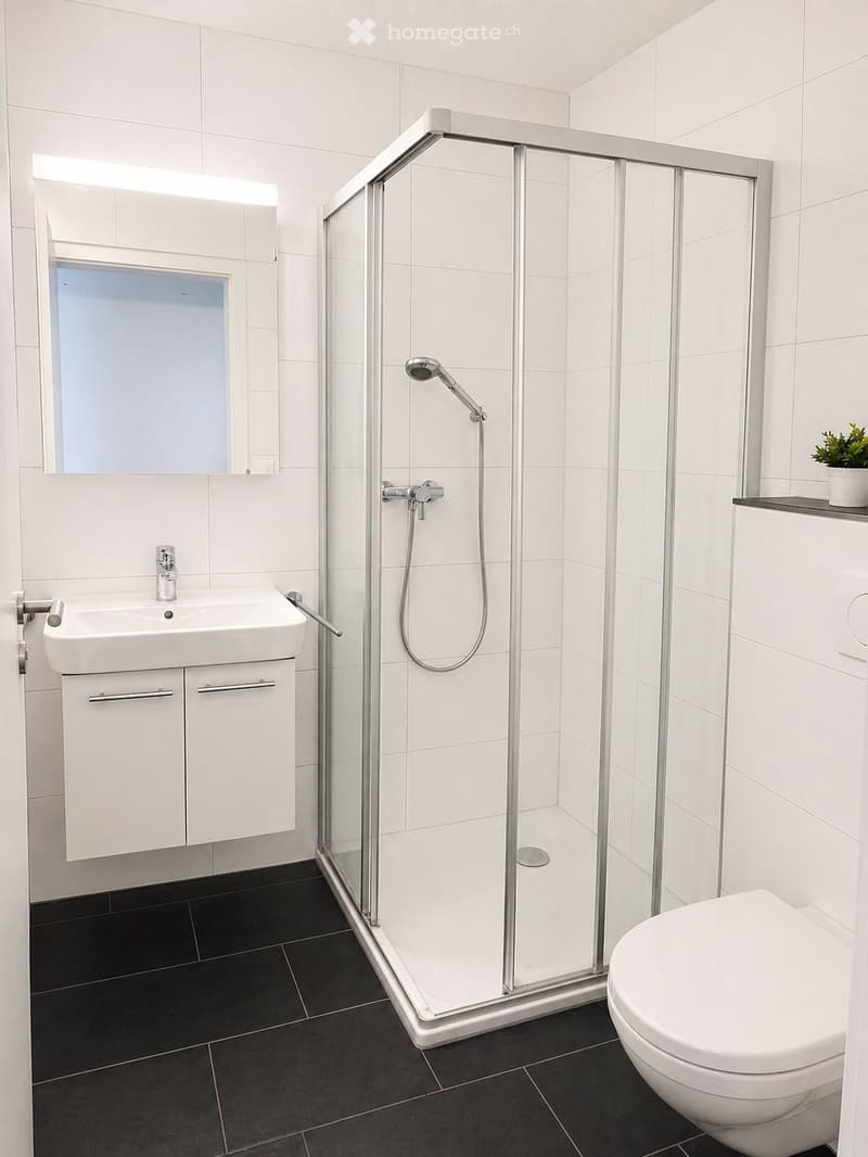 Modern bathroom with white tiles, a glass-enclosed shower, a white sink with a mirrored cabinet, and a toilet. The floor is dark tiled.