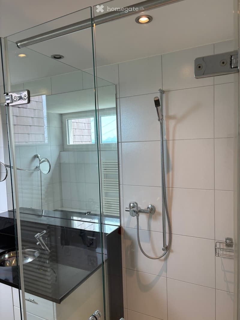 Modern shower with glass doors, white tiles, chrome fixtures, round mirror on wall, round hand shower, silver faucets, round soap holder on wall, silver sink drain