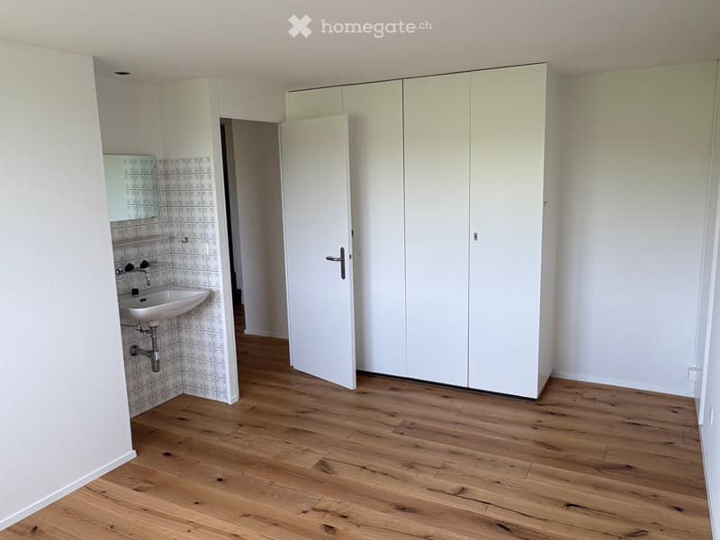 large white wardrobe, sink, wooden floor, white walls