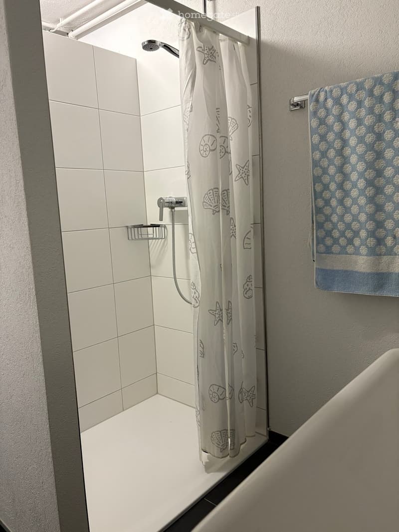 tiled walls, floor, shower, shower curtain, towel rack, towel