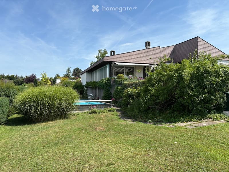 modern 2 story house, brown roof, large garden, pool, shrubs, trees, lawn