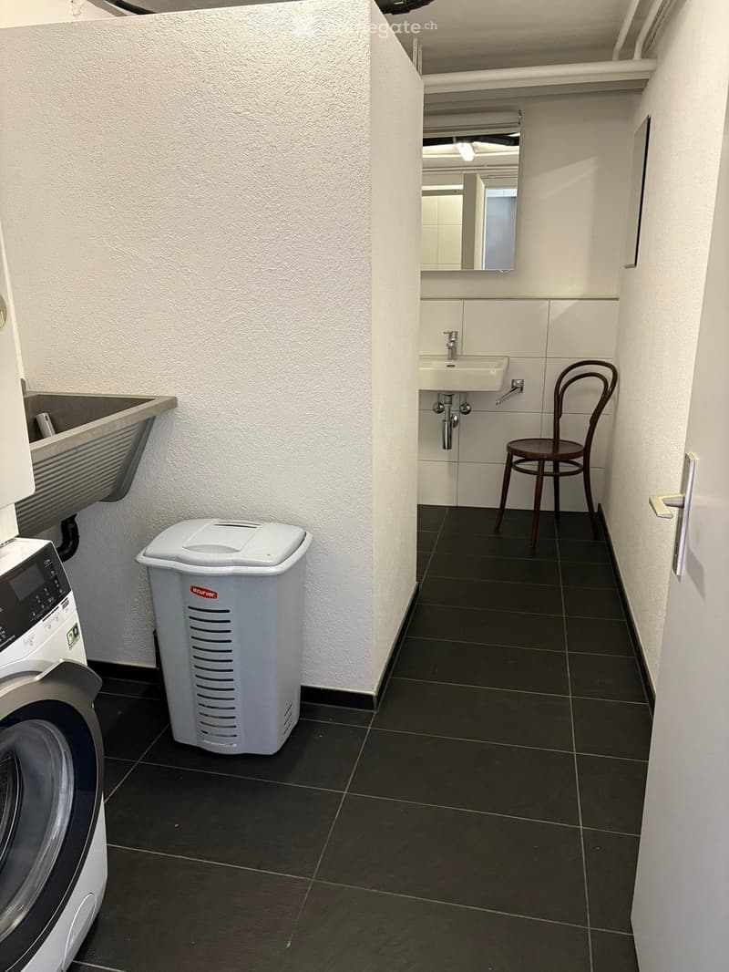 Washer and dryer, sink, chair, white and black tiles