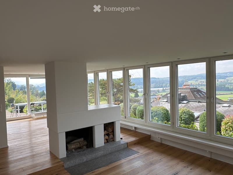 Fireplace, large windows, wooden floor, outside view