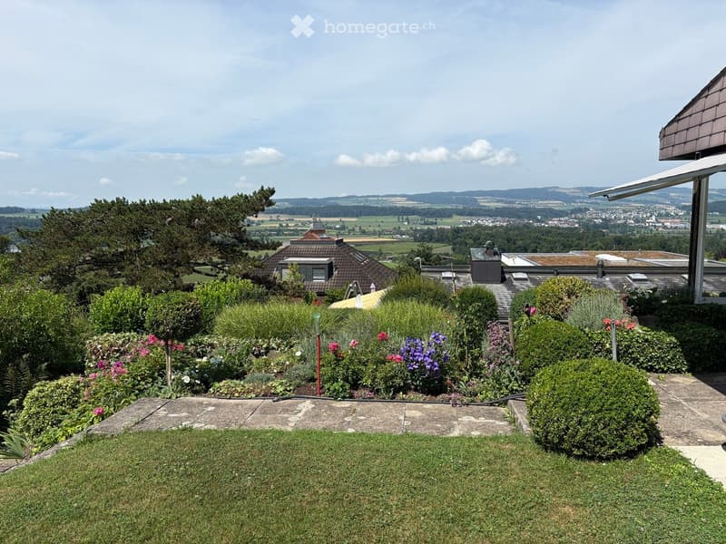 green garden, various bushes, trees, and flowers, clear view of distant hills and landscape