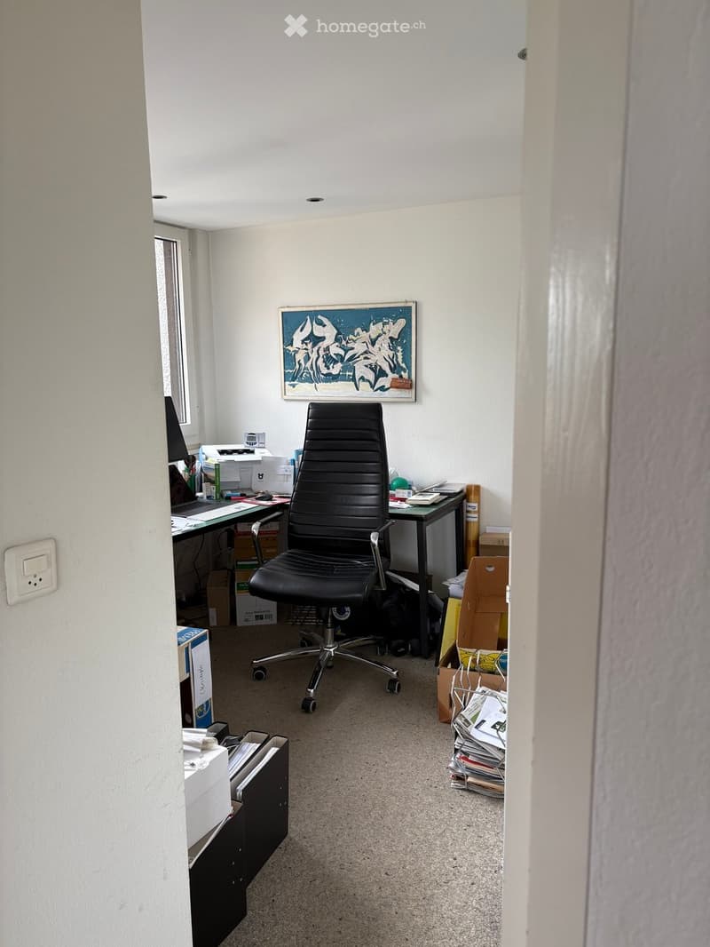 Desk, black swivel chair, computer, printer, picture on the wall, multiple boxes and storage boxes, a window with a view of the outside