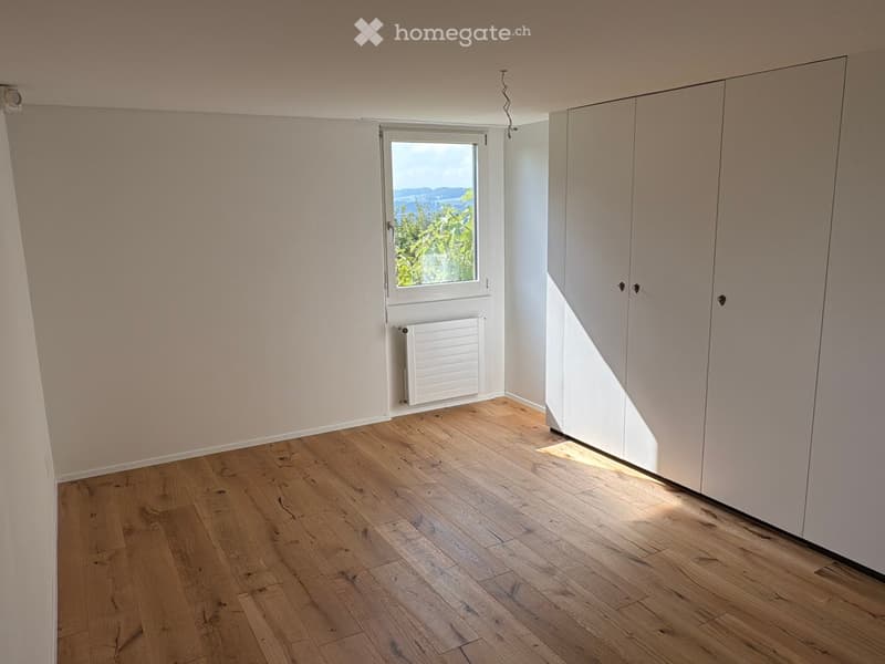 empty room, wooden floor, white walls, large window with outside view