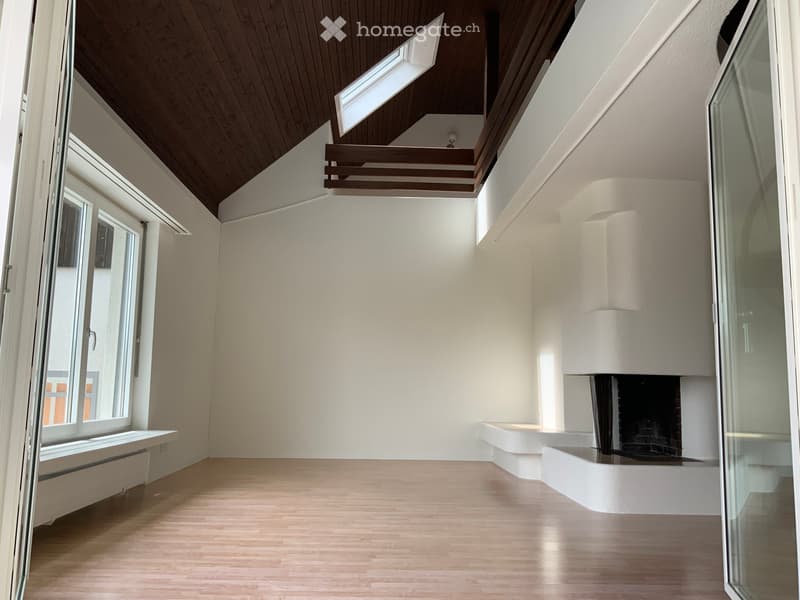 Bright, minimalist room with wooden flooring, white walls, and a modern fireplace. Large windows and skylights provide ample natural light.