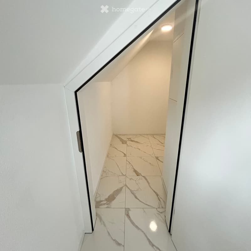 A narrow, modern hallway with white walls and marble flooring, featuring a sleek, black-framed glass door at the end.