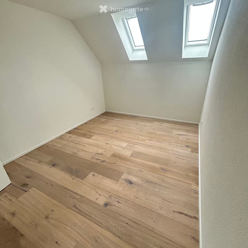 Empty attic room with wooden flooring, white walls, and two skylight windows.