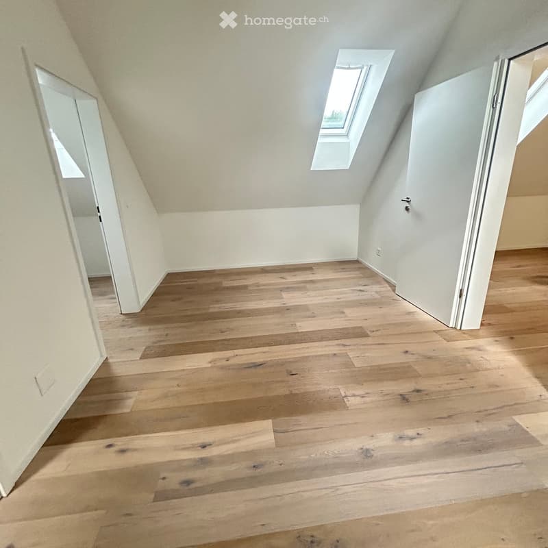 Empty attic room with wooden flooring, white walls, and skylight windows.