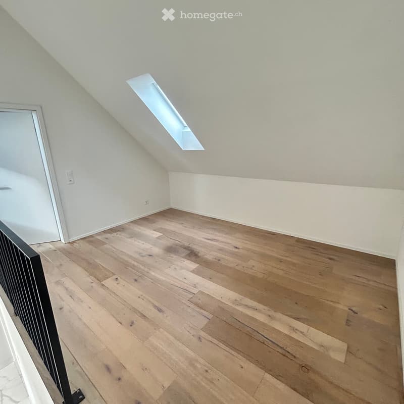 Empty attic space with wooden flooring, white walls, and a skylight window allowing natural light.