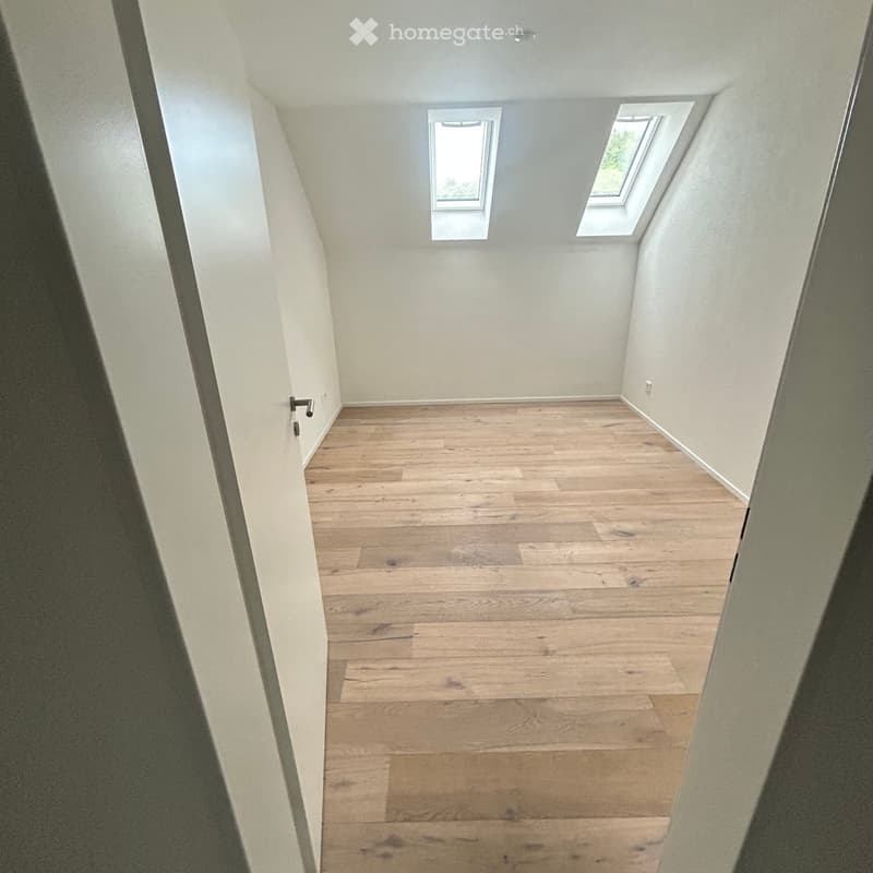 Empty room with wooden flooring and white walls, featuring two skylight windows at the far end.