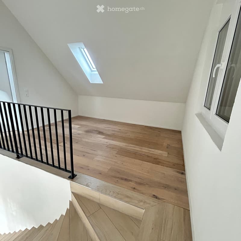 Empty attic space with wooden flooring, white walls, and a skylight window. Features a black metal railing along the edge.