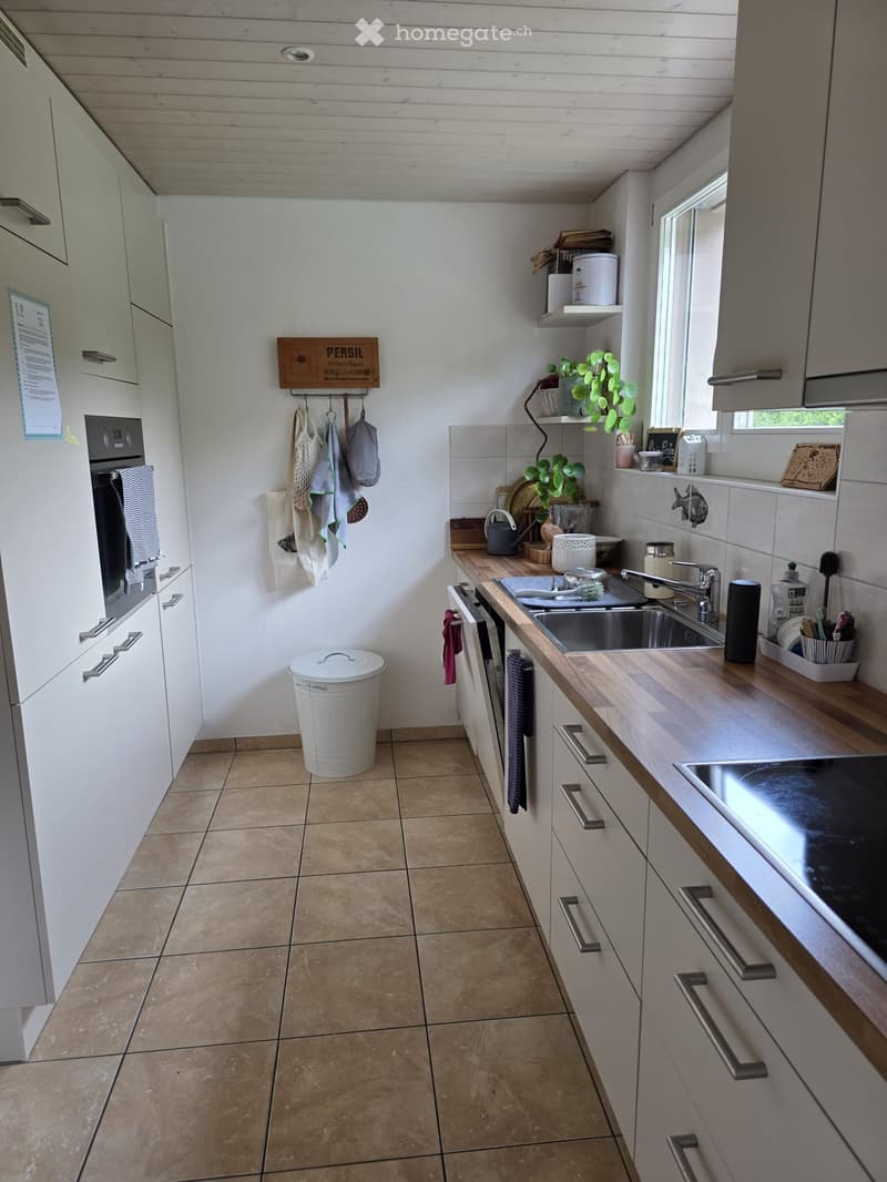 Modern kitchen with white cabinets, wooden countertop, stainless steel sink, and various kitchen items including a trash bin, towels, and plants on shelves.