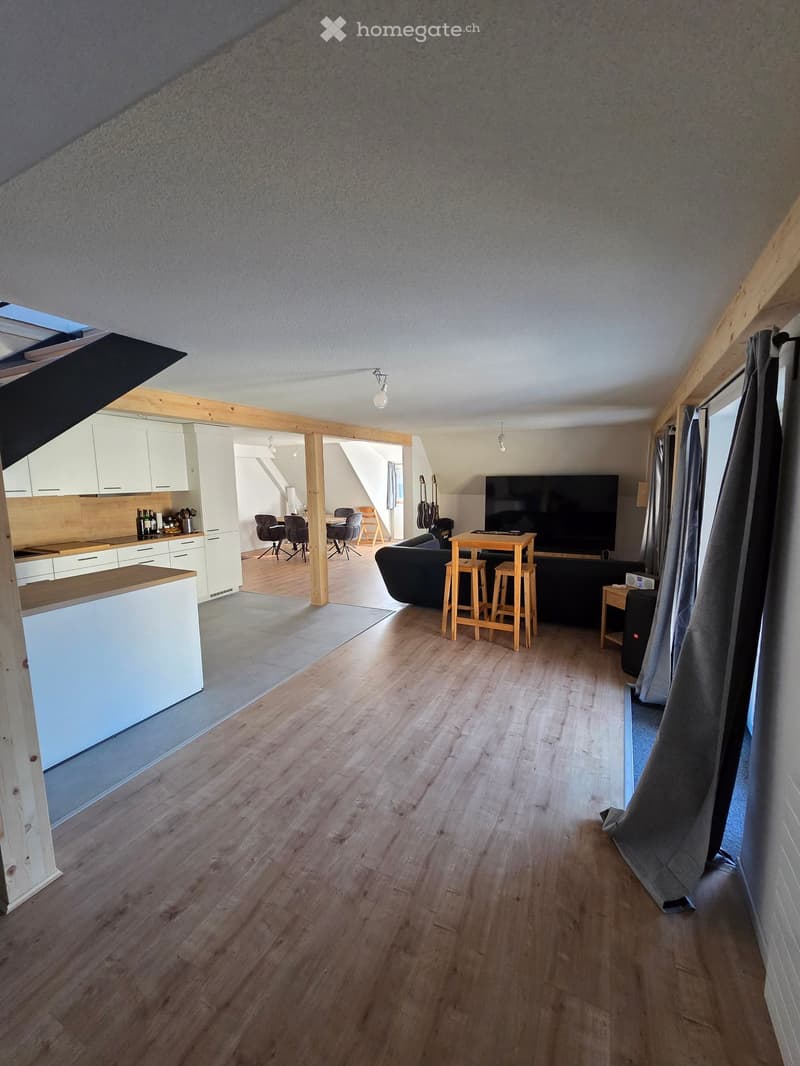 Open-plan living and dining area with wooden flooring, a sofa, a coffee table, a TV, and a small kitchen area with cabinets and a countertop.