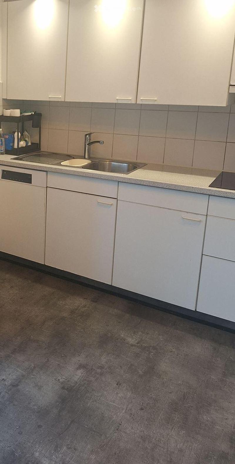Modern kitchen with white cabinets, stainless steel sink, and dishwasher. Grey tiled backsplash and dark grey concrete-style flooring.