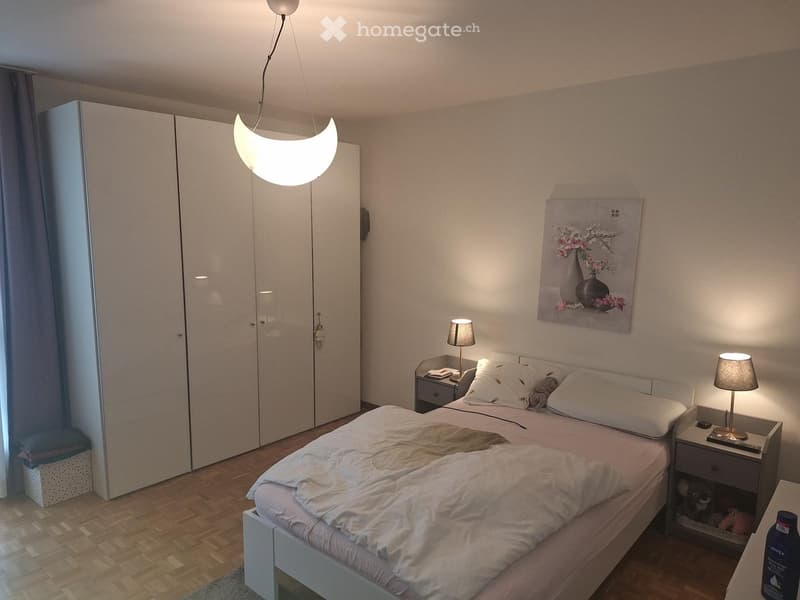 Cozy bedroom with a large bed, nightstands, lamps, a wardrobe, and a painting on the wall.