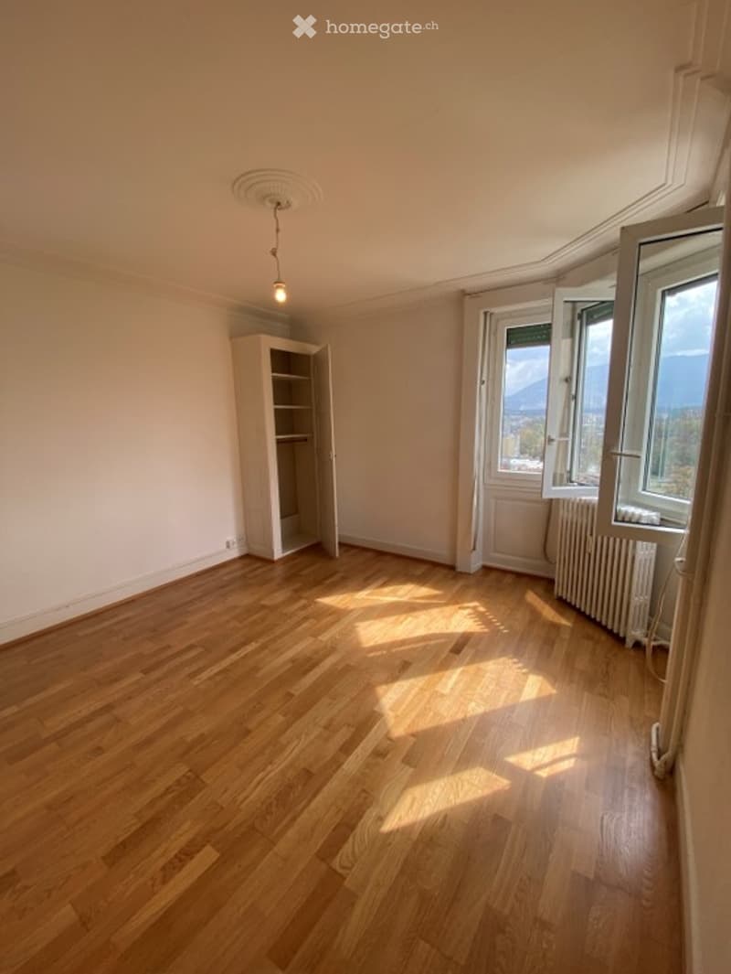 Empty room with wooden flooring, white walls, and a single built-in cabinet. Natural light streams in from large windows, revealing a scenic outdoor view.
