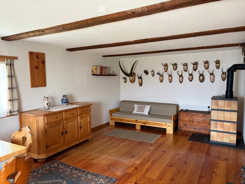 Cozy living room with wooden beams, exposed fireplace, sofa, wooden cabinet, and animal head mounts on the wall.