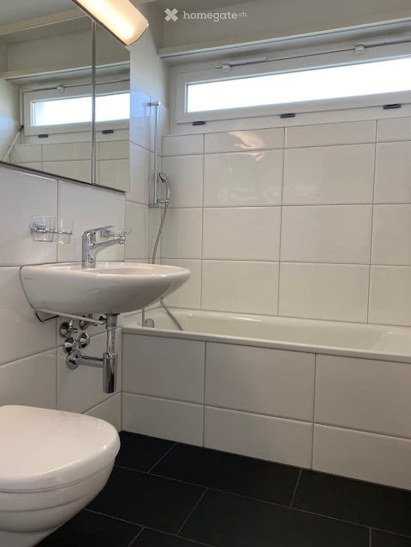 Modern bathroom with white tiles, a white sink, a toilet, a bathtub, and a mirror above the sink. The floor is black tiled.