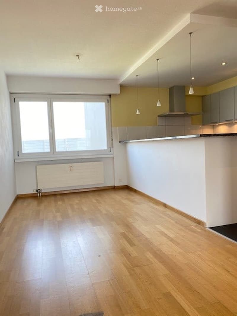 Empty room with wooden flooring, large window, radiator, and a small kitchen area with cabinets and a countertop visible in the background.