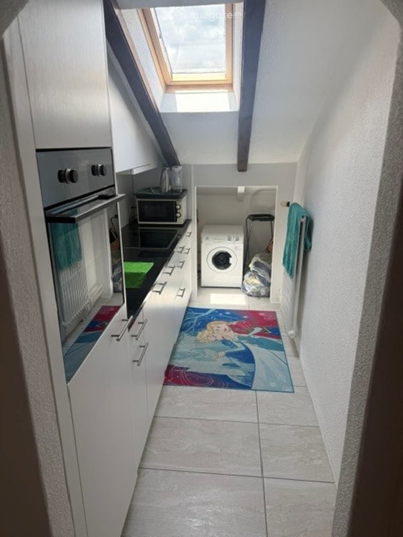 Compact kitchen with white cabinets, stainless steel oven, microwave, and a washing machine. Features a small rug with a character design on the floor.