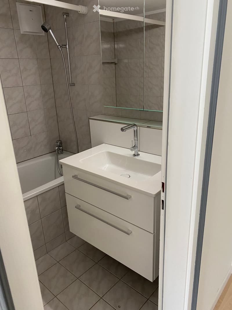 Modern bathroom with a white sink, chrome faucet, bathtub, and glass shower enclosure.