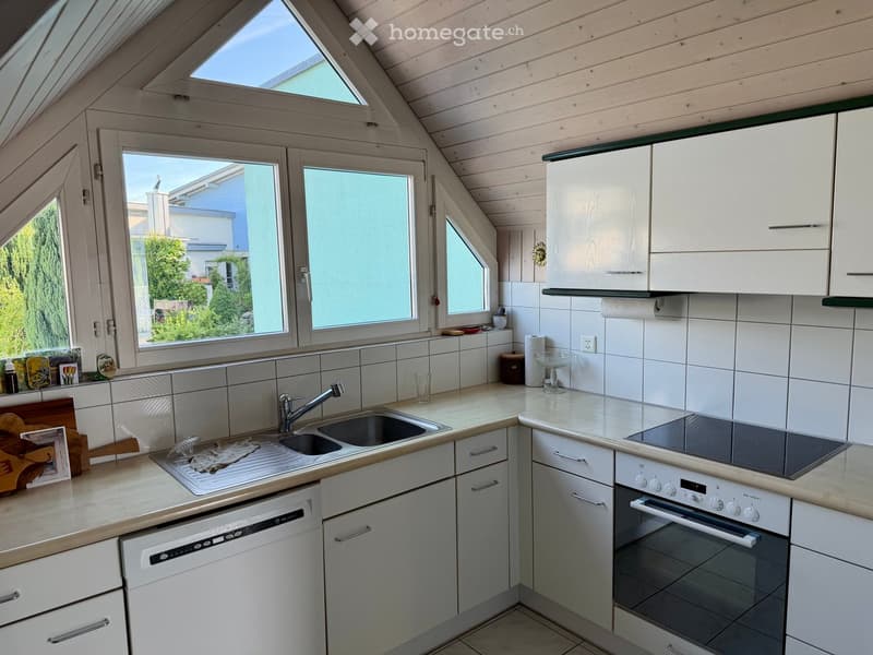 Modern kitchen with white cabinets, stainless steel appliances, and a double sink. Features include an induction cooktop, oven, and ample natural light from large windows.