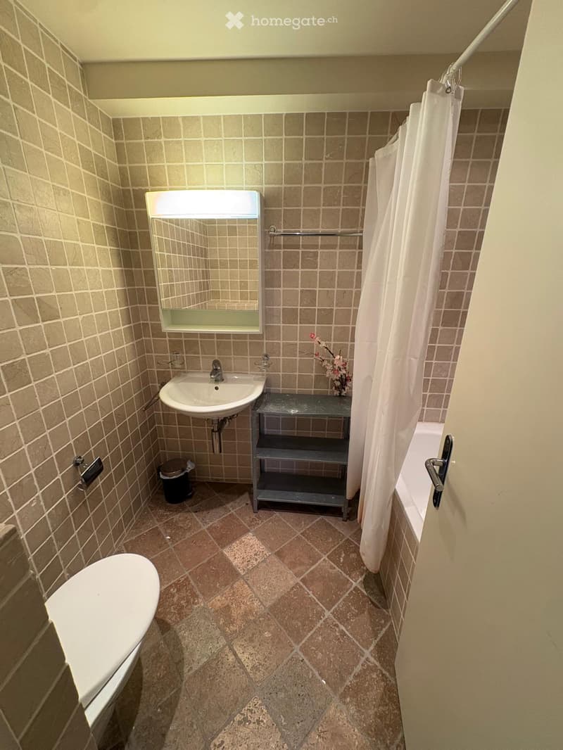 Bathroom with beige tiled walls, a white sink with a mirror, a toilet, a small shelf, and a shower curtain. The floor is tiled with a diamond pattern.