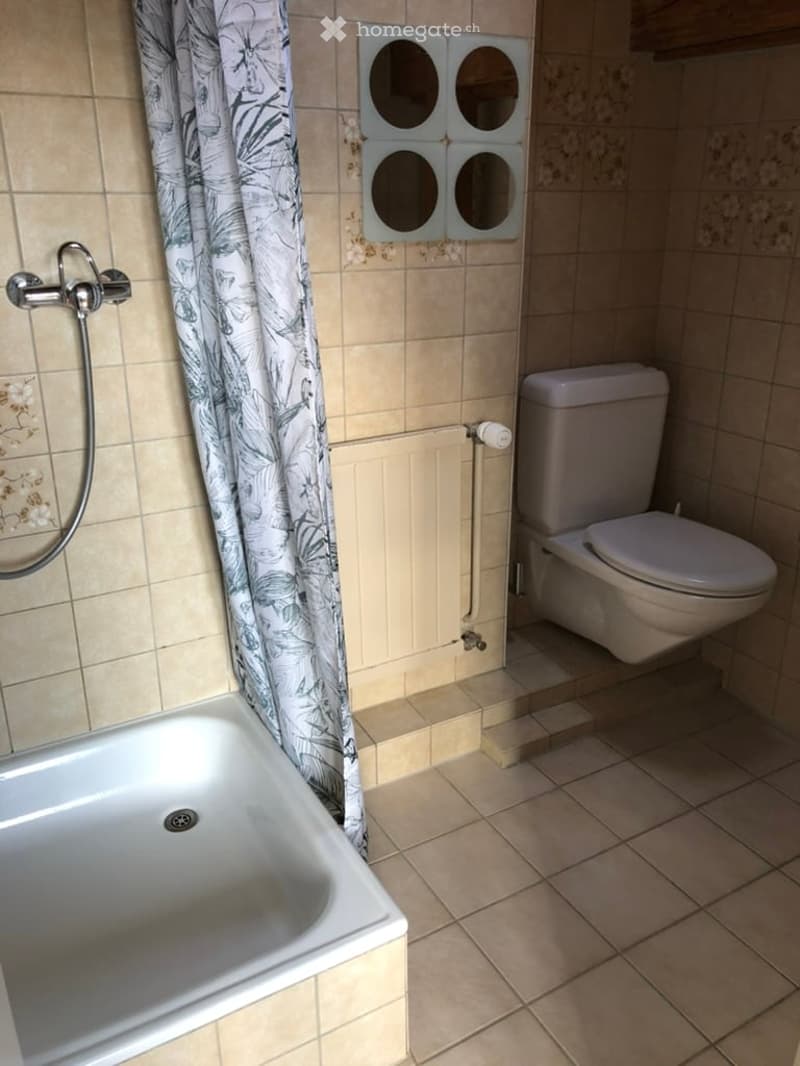 Bathroom with a bathtub, toilet, shower curtain, and a radiator. The walls are tiled with a light beige color, and the floor is tiled with larger beige tiles.