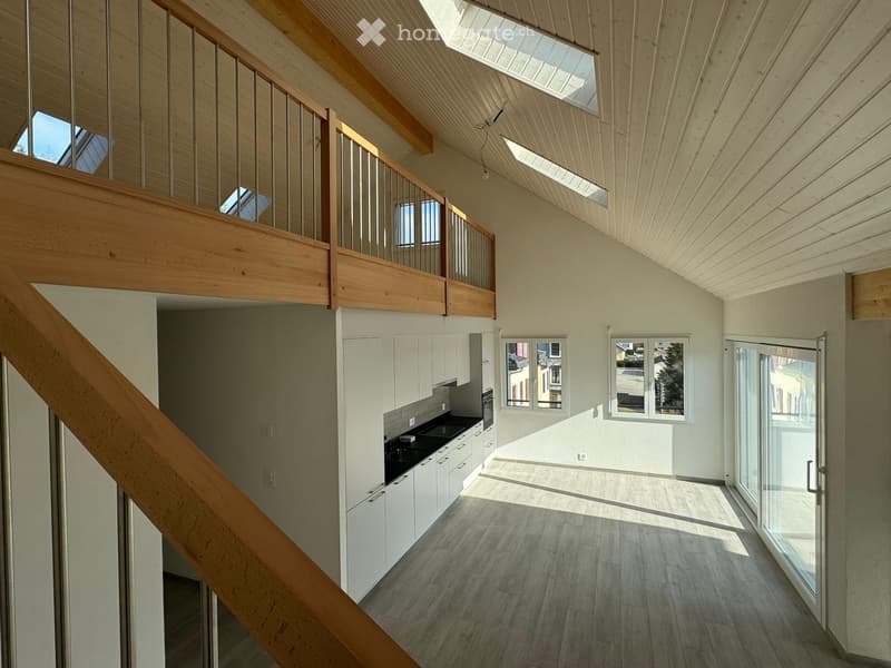 open floor plan, kitchen, balcony, skylights, wooden railings, wooden stairs