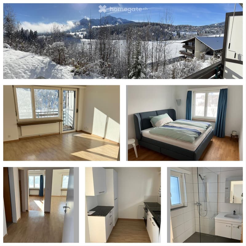 A modern house with a panoramic mountain view, featuring a bedroom, kitchen, and bathroom. The bedroom includes a bed, nightstand, and large windows. The kitchen has white cabinets and a black countertop. The bathroom includes a shower and sink.