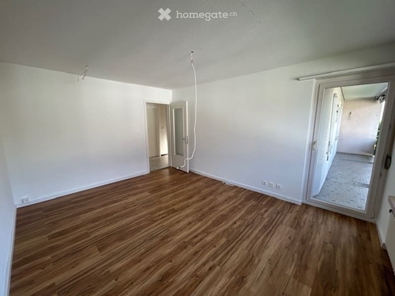 Empty room with wooden flooring, white walls, and a sliding glass door leading to another space.