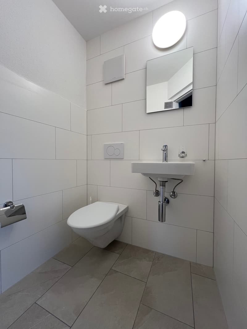 Modern bathroom with white tiles, a toilet, a sink, a large mirror, and a round light fixture above the mirror.