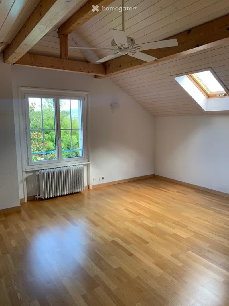 Bright, empty attic room with wooden floors, exposed wooden beams, large windows, and skylights. Features a ceiling Bib radiator and a ceiling fan.
